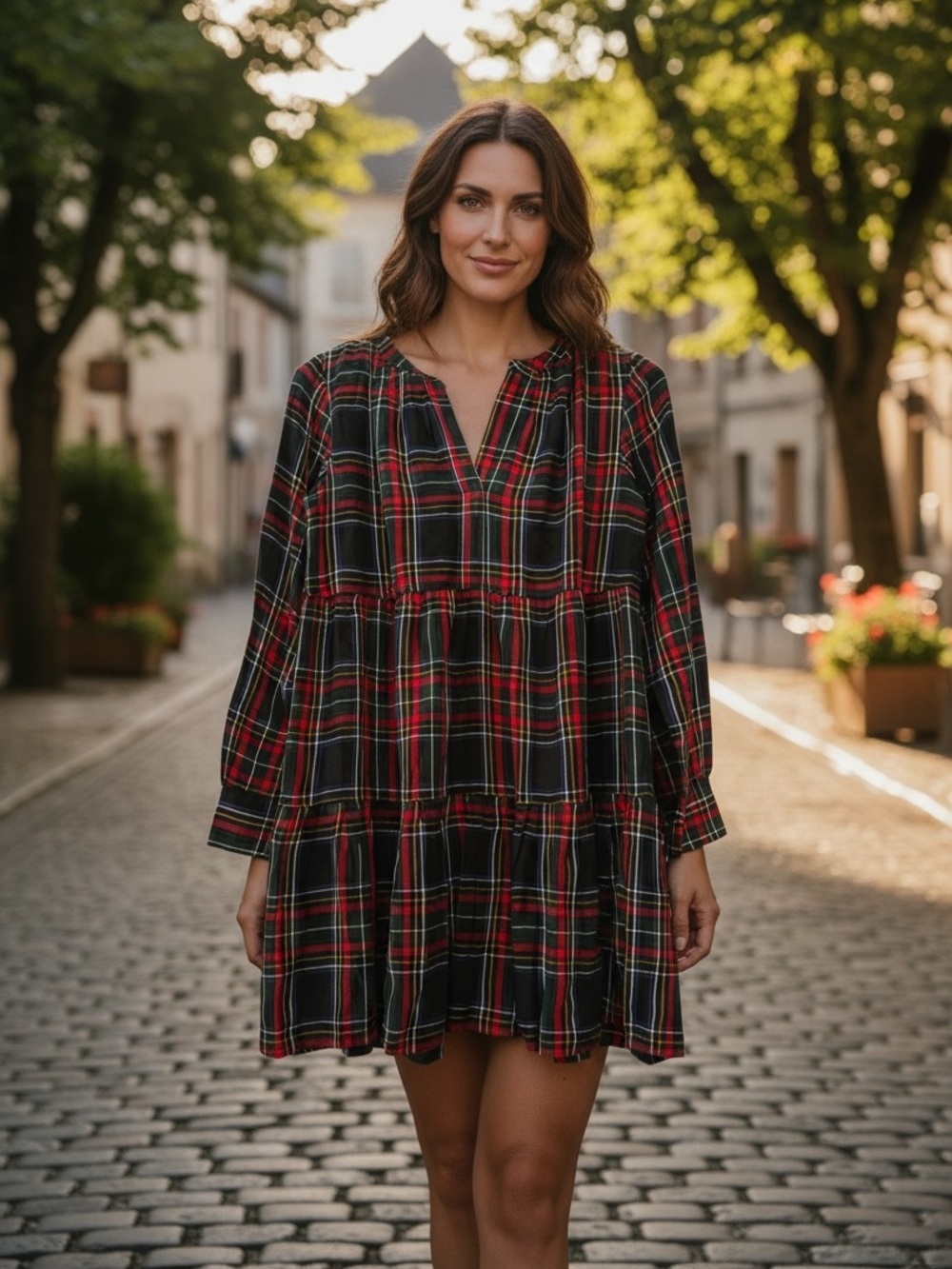 Loft Plaid Print Tiered Swing Dress